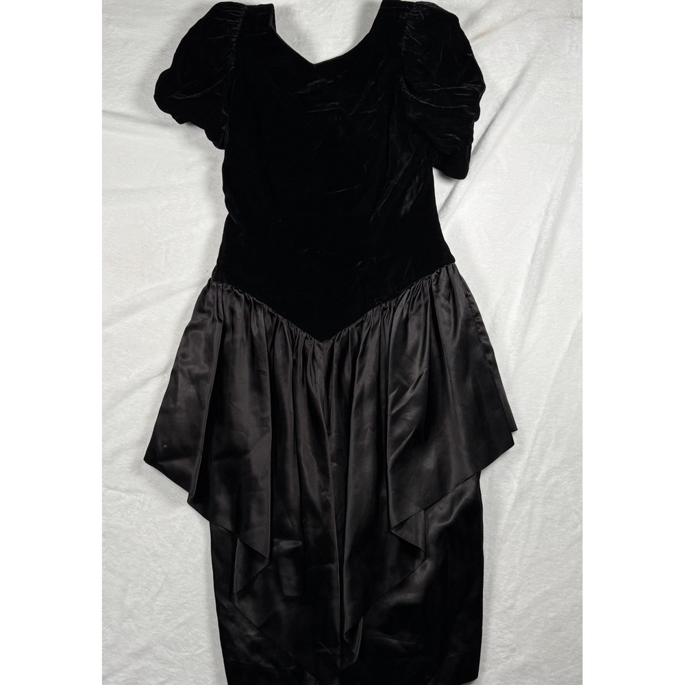 Vintage 80's ACT 1  New York Black Midi Satin‎ Velvet Bow Detail Party Dress